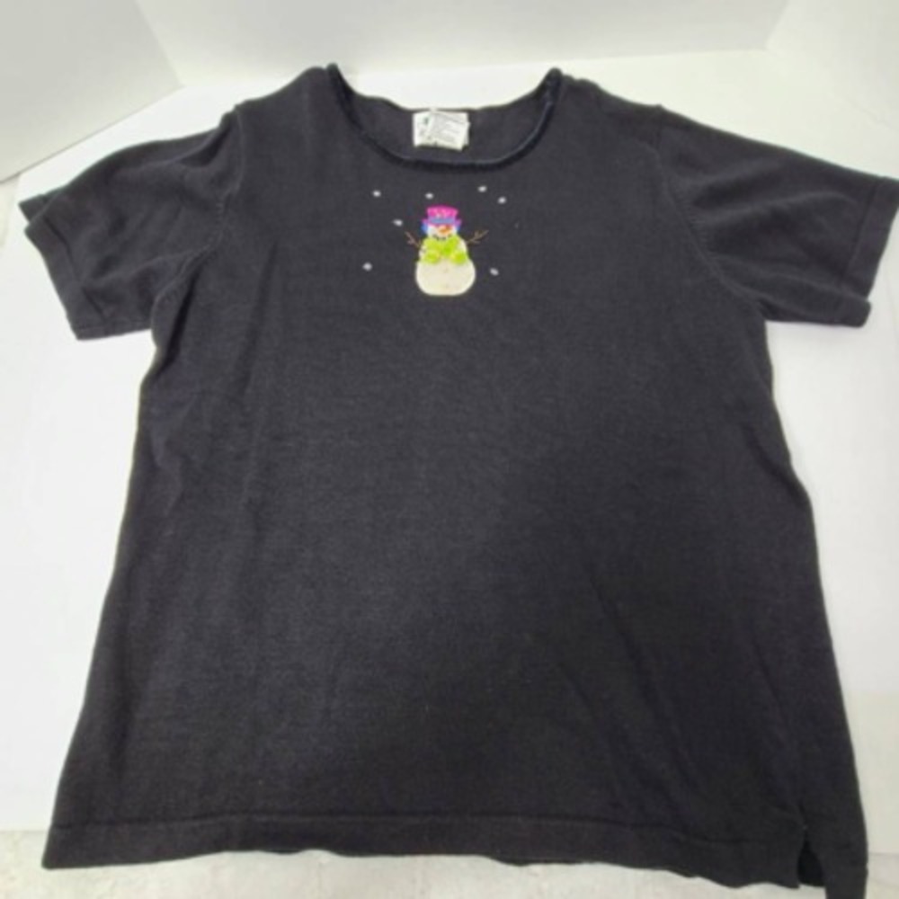 Quacker Factory Womens Sweatshirt Black Embroidered Snowman Short Sleeve Beads L